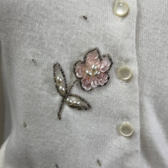 Blairmoor Original Womens Beaded Floral Cardigan Vintage Full Fashioned Cream M - Picture 7 of 10